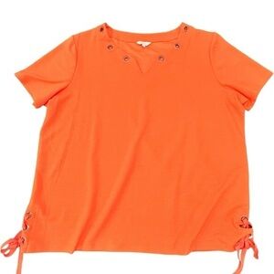 CORAL BAY BLOUSE 2X GROMMET NECKLINE ORANGE SIDE LACE UPS Short Sleeves Ribbed